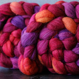 Targhee/silk spinning fiber: reds, oranges, purples, 4 oz