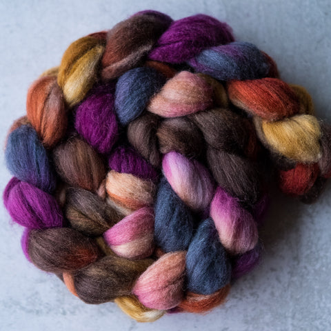 Merino/silk spinning fiber: orange, gold, purple, brown, 4 oz