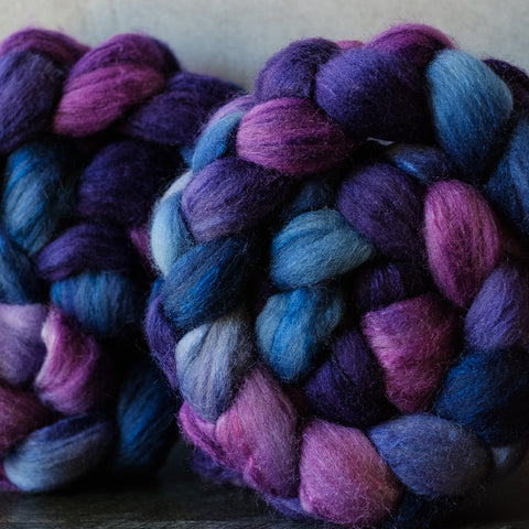 Polwarth/silk spinning fiber: purple, blue, 4 oz