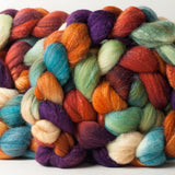 Targhee/silk spinning fiber: orange, purple, sage, blue, 4 oz