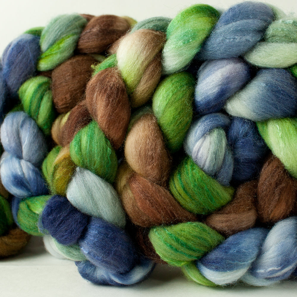 Targhee/silk spinning fiber: green, periwinkle, brown