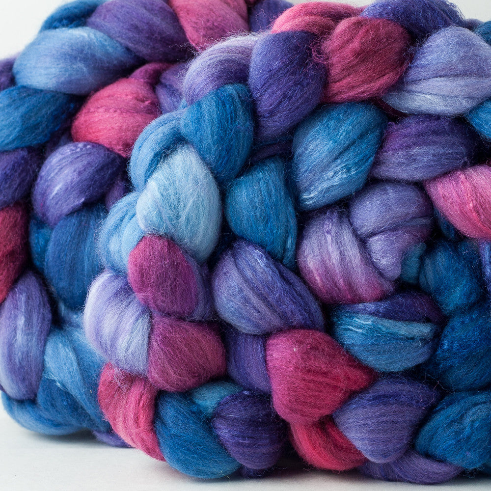 RESERVED for RH: Targhee/silk spinning fiber: raspberry, purple, blue