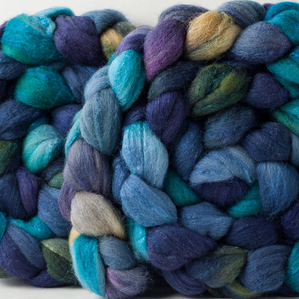 Targhee/silk spinning fiber: blue, green, turquoise, sand, 4 oz