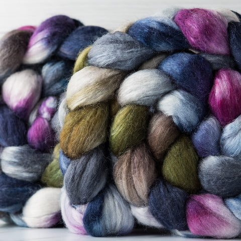Polwarth/Silk Ultra spinning fiber: blue, olive, purple