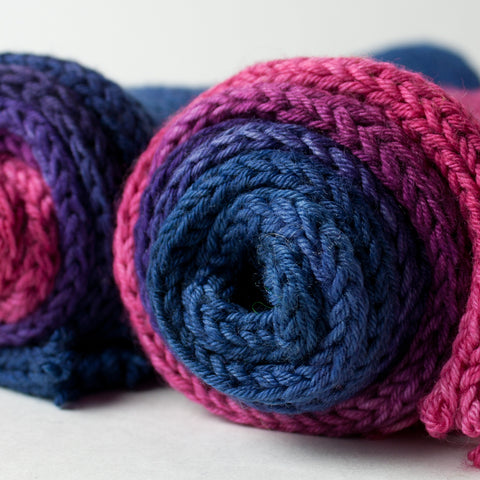 Double-stranded gradient sock blank: pink to purple to blue