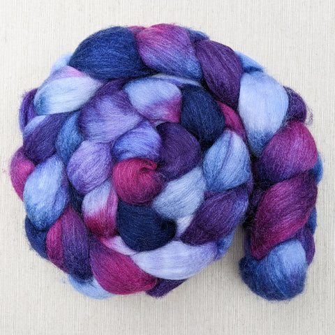 Merino/silk spinning fiber: raspberry, blue, purple, 4 oz