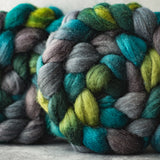 Mixed Blue-Faced Leicester and silk combed top: green, grey, turquoise, 4 oz