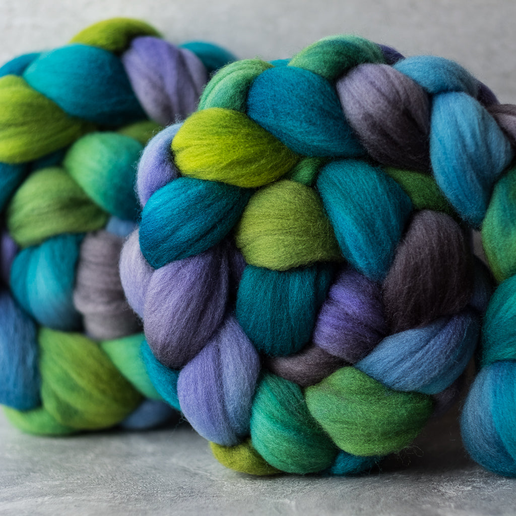 Targhee combed top: green, blue, purple, grey, 4 oz