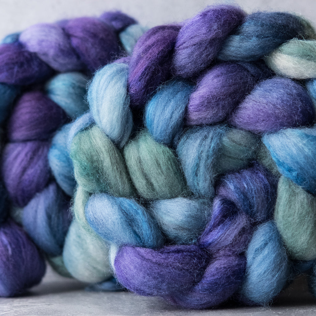 Polwarth/silk spinning fiber: lavender, sky blue, sage, 4 oz