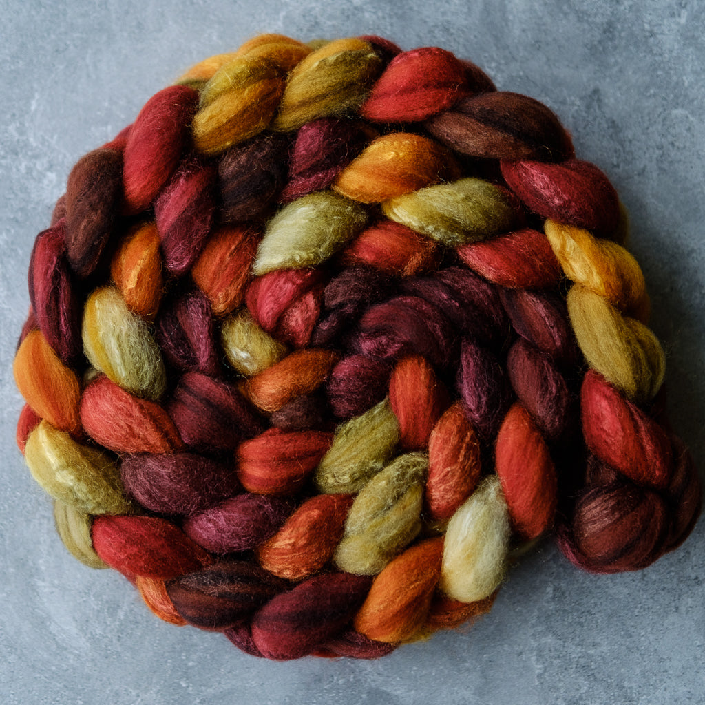 Targhee/silk spinning fiber: Breath of Autumn, 4 oz